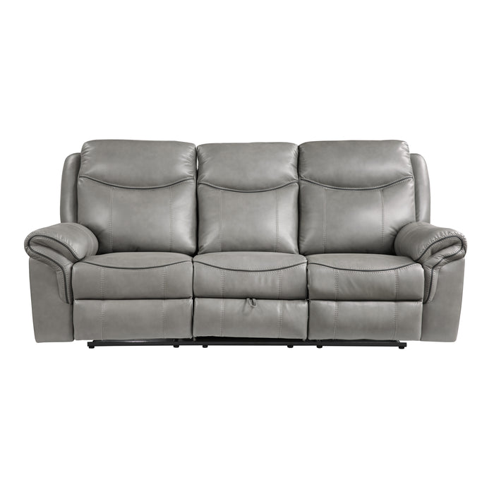 Aram Double Reclining Sofa with Center Drop-Down Cup Holders, Receptacles, Hidden Drawer and USB Ports in Gray - 8206GRY-3 - FAMSA Furniture (TX)