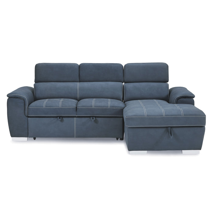 Ferriday 2-Piece Sectional with Adjustable Headrests, Pull-out Bed and Right Chaise with Hidden Storage in Blue - 8228BU* - FAMSA Furniture (TX)