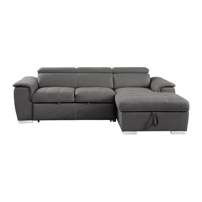 Ferriday 2-Piece Sectional with Adjustable Headrests, Pull-out Bed and Right Chaise with Hidden Storage in Gray - 8228GY* - FAMSA Furniture (TX)