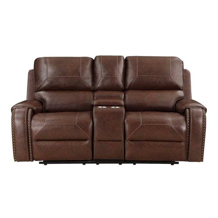 Newnan Double Glider Reclining Loveseat with Center Console, Receptacles and USB Ports in Brown - 8549BRW-2 - FAMSA Furniture (TX)