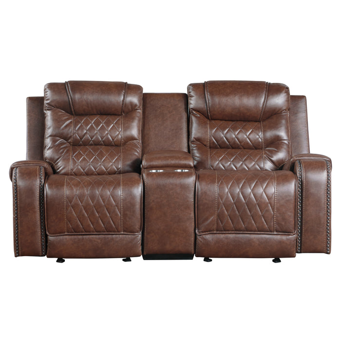 Putnam Double Glider Reclining Loveseat with Center Console, Receptacles and USB Port in Brown - 9405BR-2 - FAMSA Furniture (TX)