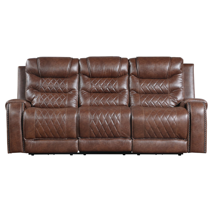 Putnam Power Double Reclining Sofa with Center Drop-Down Cup Holders, Receptacles and USB Ports in Brown - 9405BR-3PW - FAMSA Furniture (TX)