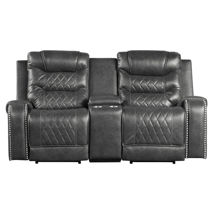 Putnam Power Double Reclining Loveseat with Center Console, Receptacles and USB Ports in Gray - 9405GY-2PW - FAMSA Furniture (TX)