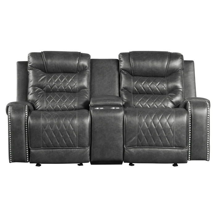 Putnam Double Glider Reclining Loveseat with Center Console, Receptacles and USB Port in Gray - 9405GY-2 - FAMSA Furniture (TX)