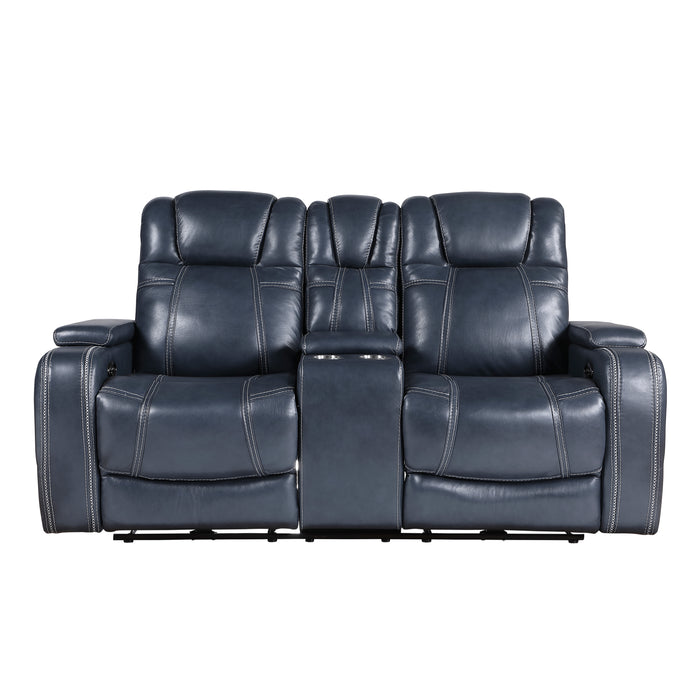 Keziah Power Double Reclining Loveseat with Center Console, Power Headrests and Storage Arms in Blue - 9640BU-2PWH - FAMSA Furniture (TX)