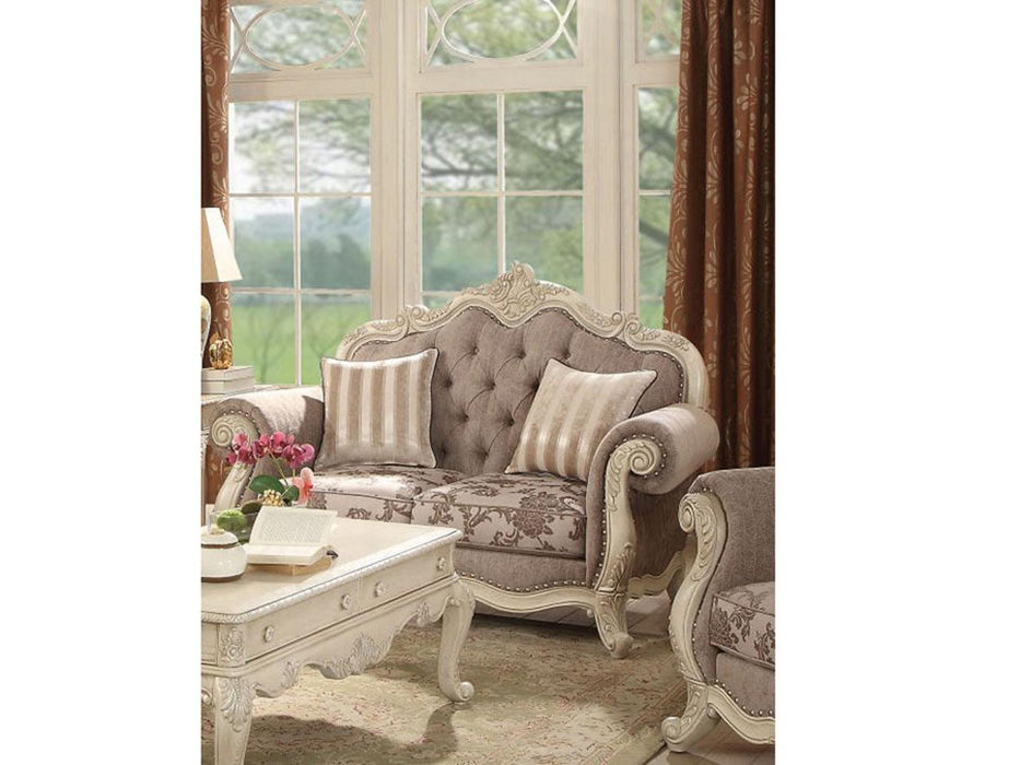Acme Ragenardus Loveseat with 2 Pillows in Gray Fabric & Antique White 56021 - FAMSA Furniture (TX)