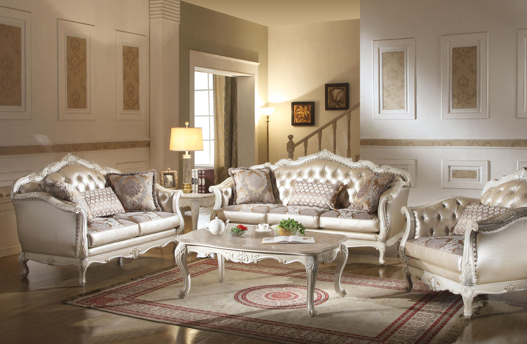 Chantelle Rose Gold PU/Fabric & Pearl White Sofa w/3 Pillows - FAMSA Furniture (TX)