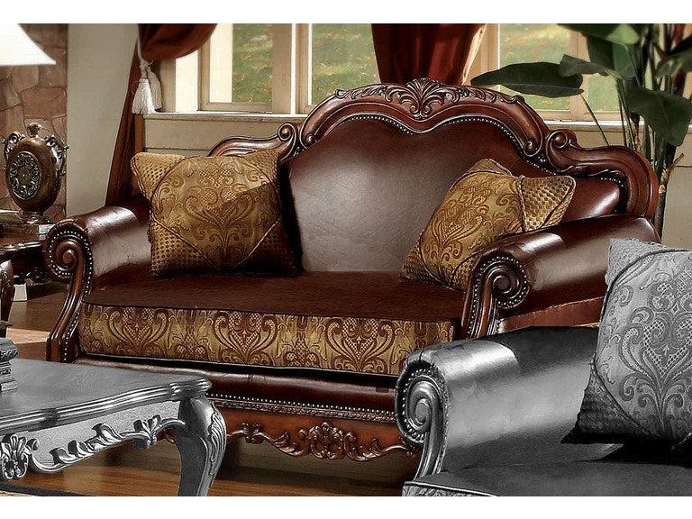 Dresden Brown PU & Chenille, Cherry Oak Loveseat w/2 Pillows - FAMSA Furniture (TX)