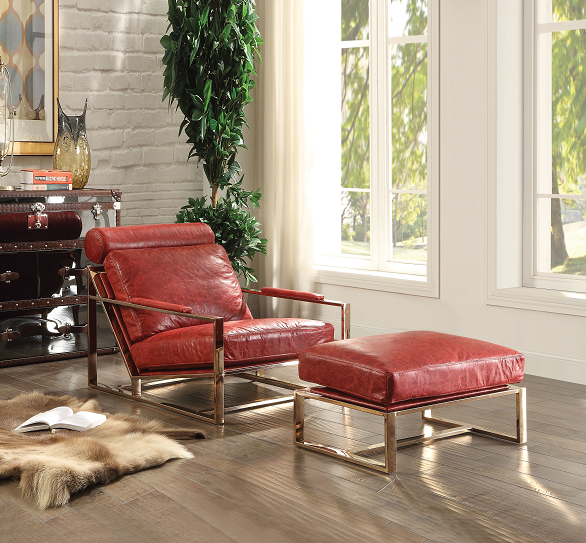 Quinto Antique Red Top Grain Leather & Stainless Steel Accent Chair - FAMSA Furniture (TX)