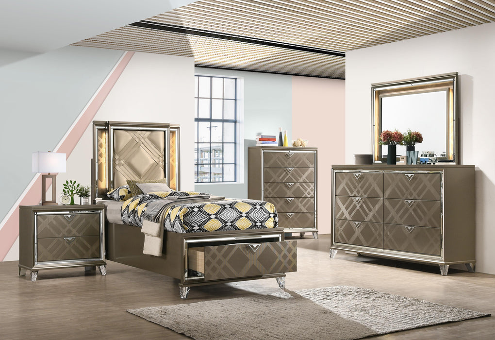 Skylar LED, PU & Dark Champagne Full Bed (Storage & LED) - FAMSA Furniture (TX)