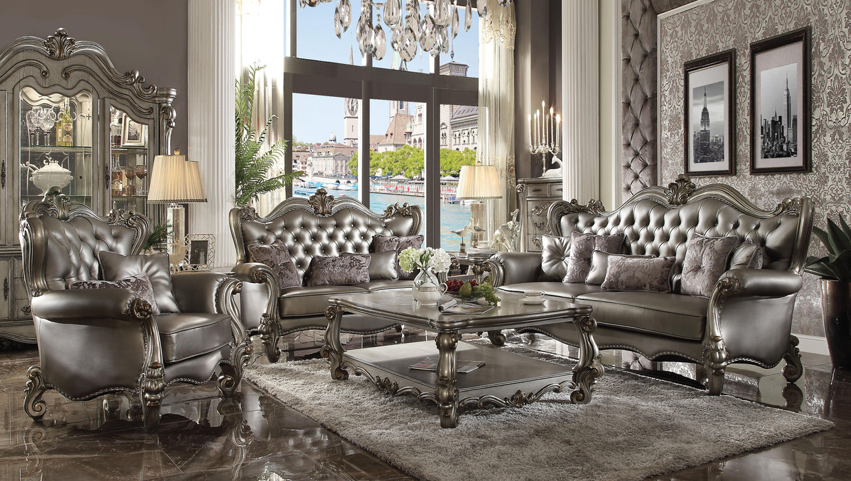Versailles Silver PU & Antique Platinum Sofa w/6 Pillows - FAMSA Furniture (TX)