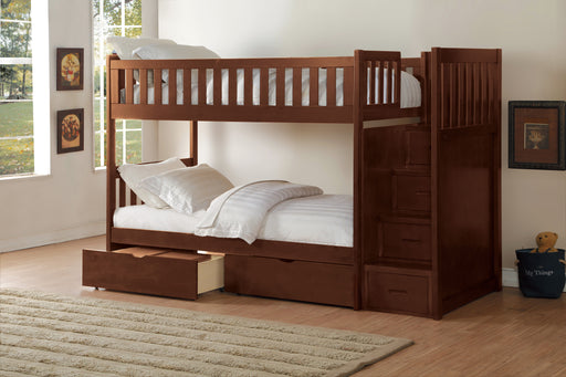 Rowe (5) Twin/Twin Step Bunk Bed with Storage Boxes in Cherry - B2013SBDC-1*T - FAMSA Furniture (TX)