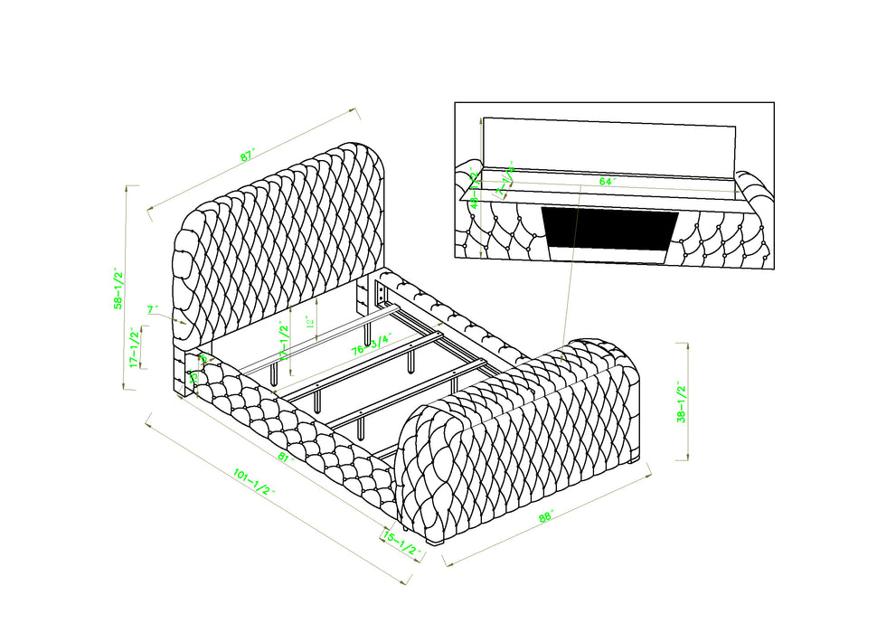 Natalia Queen Upholstered Bed Black with Fireplace and TV Lift