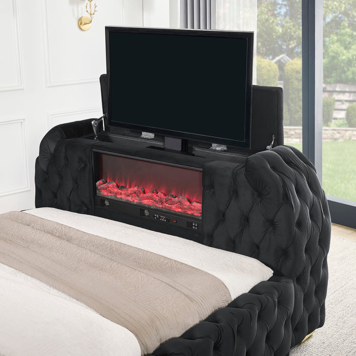Natalia Queen Upholstered Bed Black with Fireplace and TV Lift