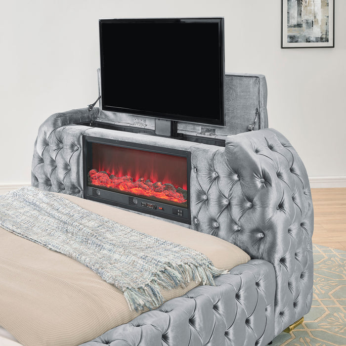 Natalia Queen Upholstered Bed Gray with Fireplace and TV Lift