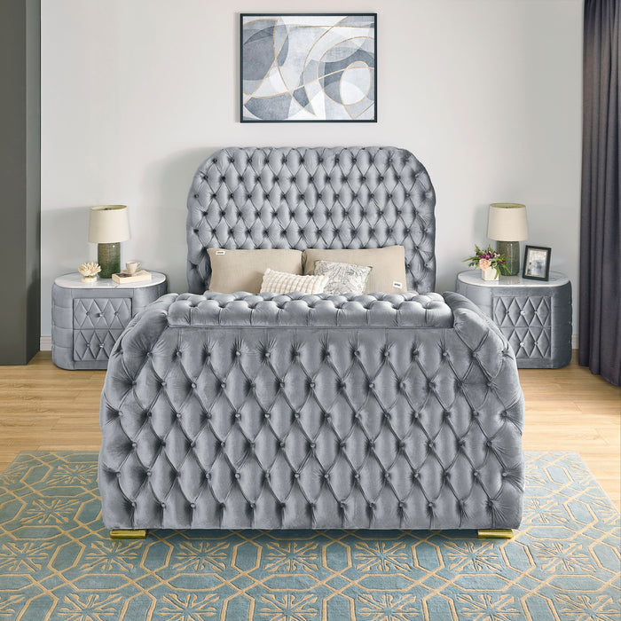 Natalia King Upholstered Bed Gray with Fireplace and TV Lift