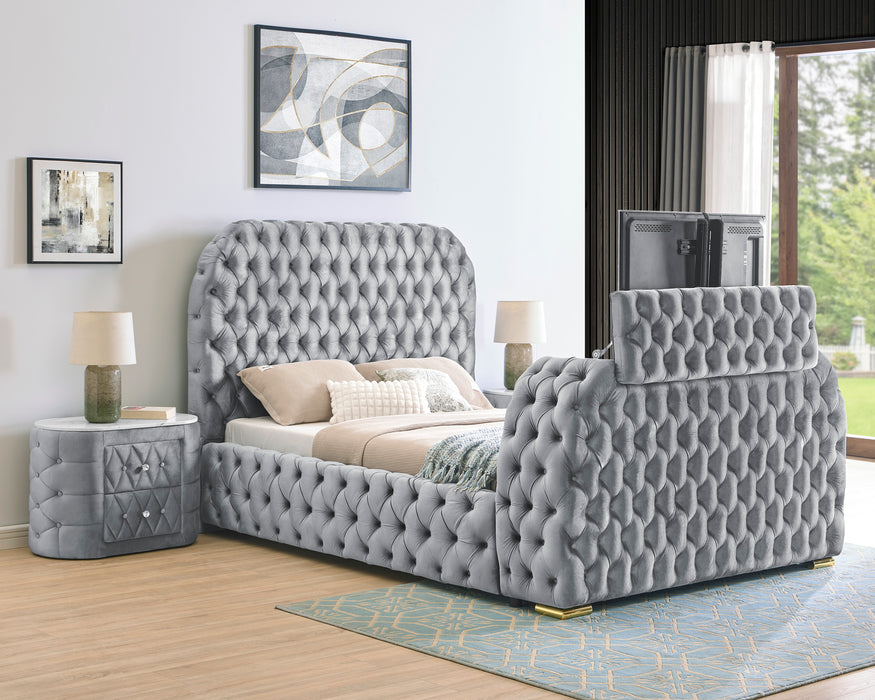 Natalia Queen Upholstered Bed Gray with Fireplace and TV Lift