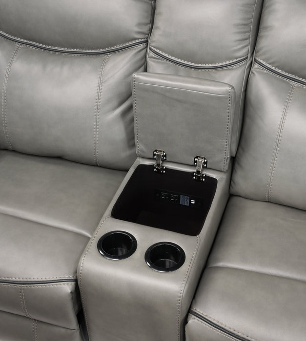 Aram Double Glider Reclining Loveseat with Center Console, Receptacles and USB Ports in Gray - 8206GRY-2 - FAMSA Furniture (TX)