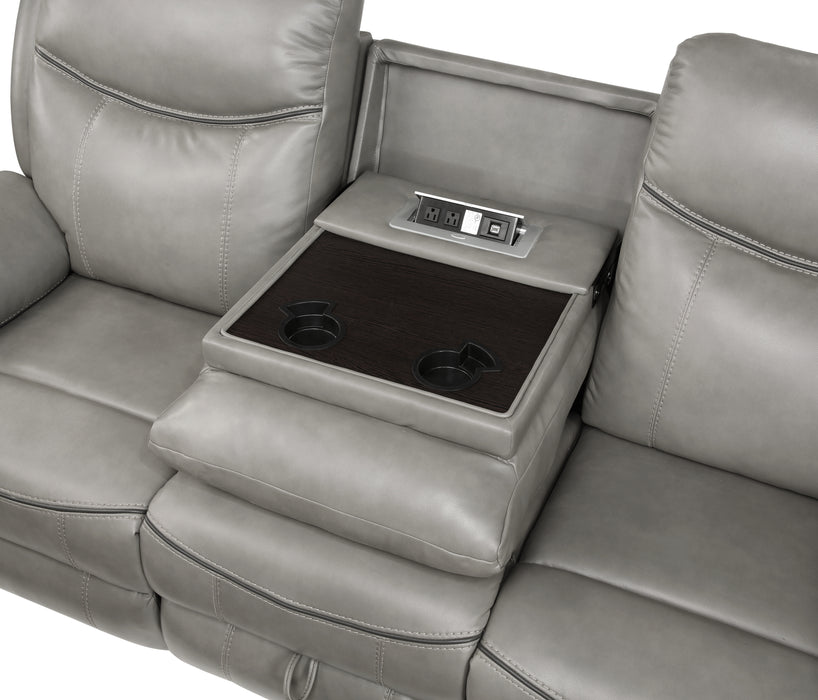 Aram Double Reclining Sofa with Center Drop-Down Cup Holders, Receptacles, Hidden Drawer and USB Ports in Gray - 8206GRY-3 - FAMSA Furniture (TX)