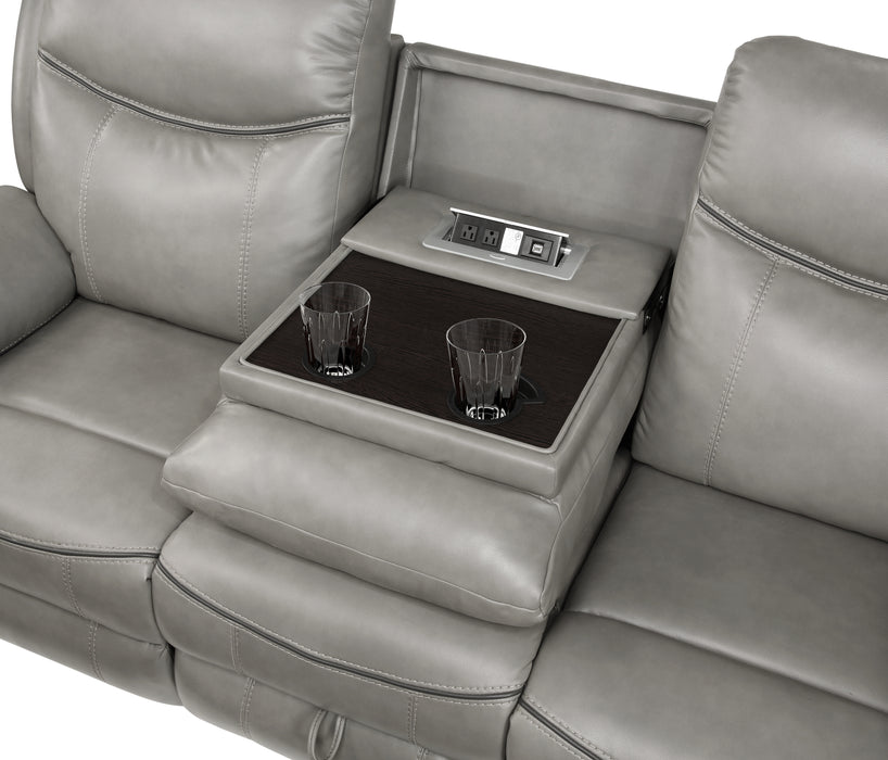 Aram Double Reclining Sofa with Center Drop-Down Cup Holders, Receptacles, Hidden Drawer and USB Ports in Gray - 8206GRY-3 - FAMSA Furniture (TX)