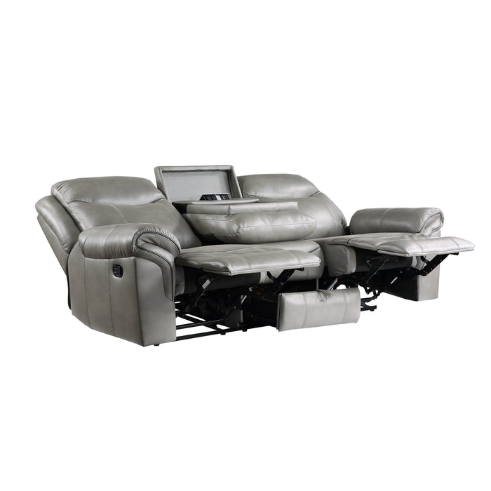 Aram Double Reclining Sofa with Center Drop-Down Cup Holders, Receptacles, Hidden Drawer and USB Ports in Gray - 8206GRY-3 - FAMSA Furniture (TX)
