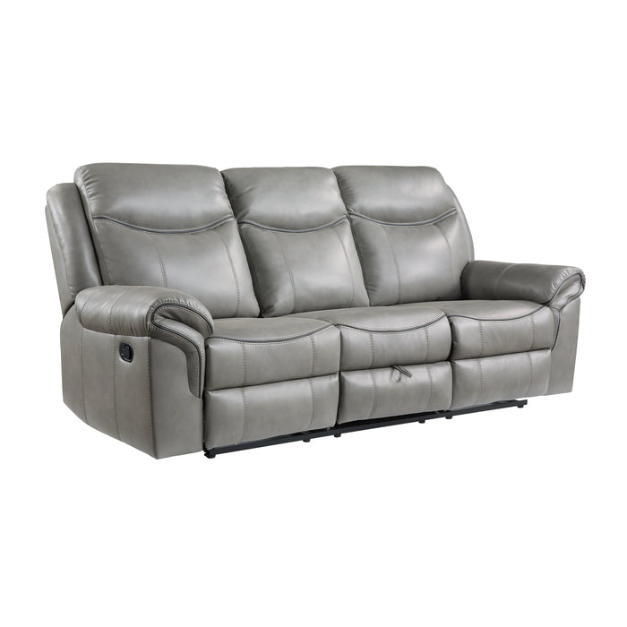 Aram Double Reclining Sofa with Center Drop-Down Cup Holders, Receptacles, Hidden Drawer and USB Ports in Gray - 8206GRY-3 - FAMSA Furniture (TX)