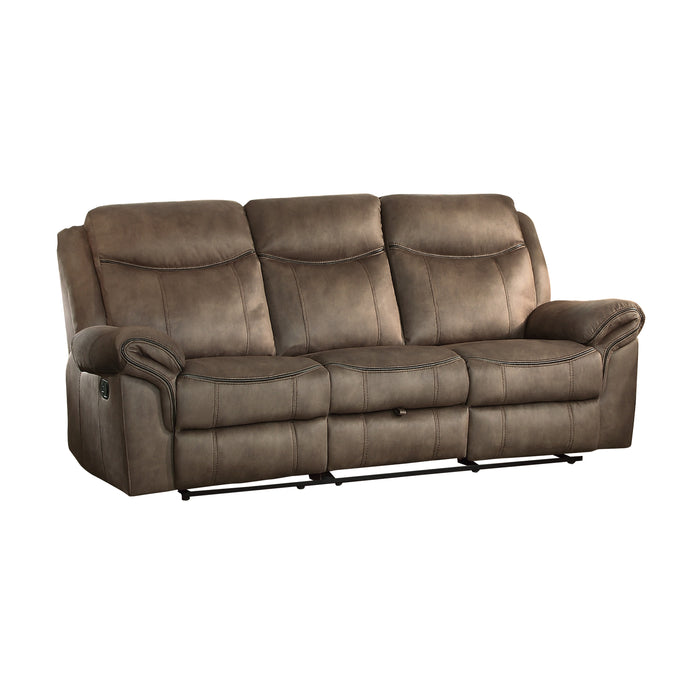 Aram Double Reclining Sofa with Center Drop-Down Cup Holders, Receptacles, Hidden Drawer and USB Ports in Brown - 8206NF-3 - FAMSA Furniture (TX)