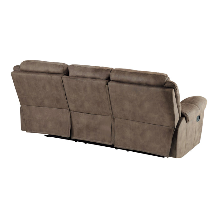 Aram Double Reclining Sofa with Center Drop-Down Cup Holders, Receptacles, Hidden Drawer and USB Ports in Brown - 8206NF-3 - FAMSA Furniture (TX)