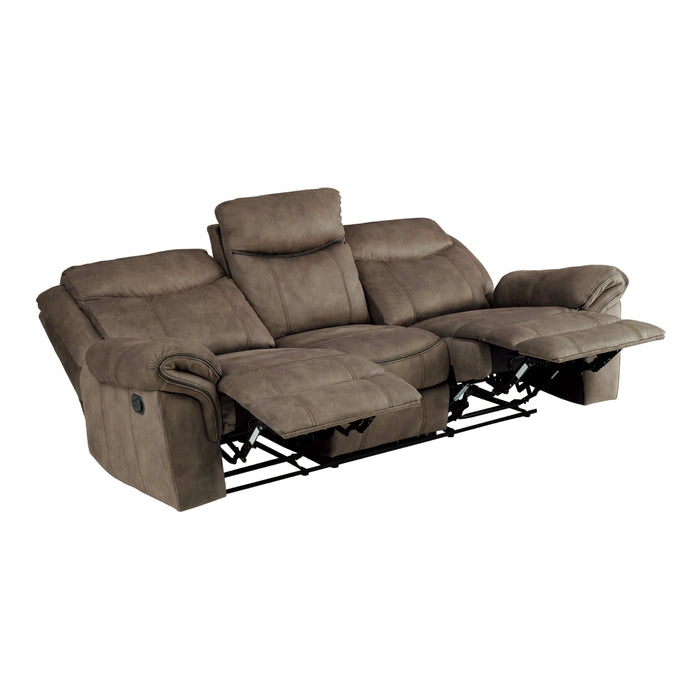 Aram Double Reclining Sofa with Center Drop-Down Cup Holders, Receptacles, Hidden Drawer and USB Ports in Brown - 8206NF-3 - FAMSA Furniture (TX)