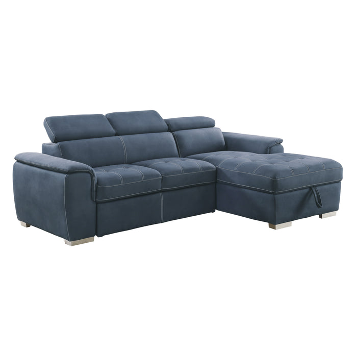 Ferriday 2-Piece Sectional with Adjustable Headrests, Pull-out Bed and Right Chaise with Hidden Storage in Blue - 8228BU* - FAMSA Furniture (TX)