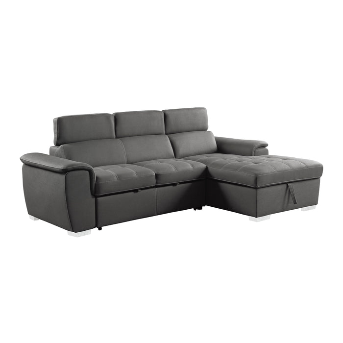 Ferriday 2-Piece Sectional with Adjustable Headrests, Pull-out Bed and Right Chaise with Hidden Storage in Gray - 8228GY* - FAMSA Furniture (TX)