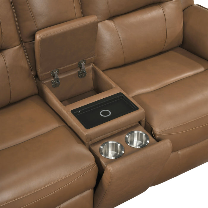 8301BRW-2PW Power Double Reclining Love Seat with Center Console, Hidden Arms Cup Holders, Charging Ports and Wireless Charger image