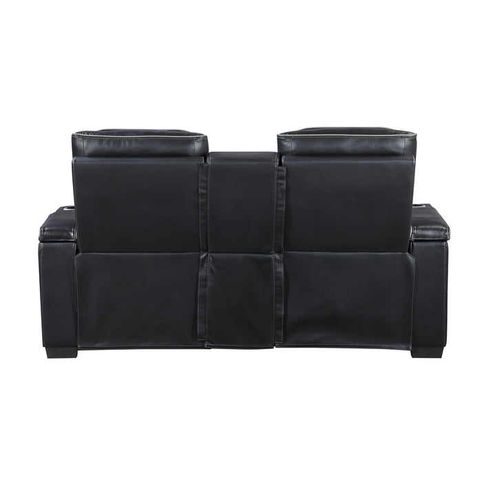 8344BLK-2PWHM POWER DOUBLE RECLINING LOVE SEAT WITH CENTER CONSOLE, POWER HEADRESTS, STORAGE ARMS(TOP AND SIDE) ,CUP HOLDERS, WIRELESS SPEAKERS WITH SUB-WOOFER, AIR MASSAGE, HEAT, LED LIGHTING AND CHARGING PORTS image