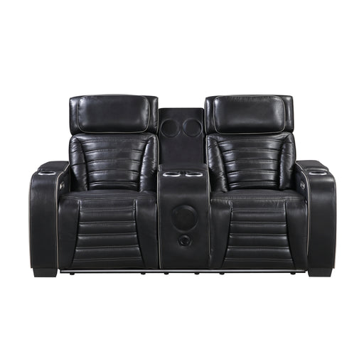 8344BLK-2PWHM POWER DOUBLE RECLINING LOVE SEAT WITH CENTER CONSOLE, POWER HEADRESTS, STORAGE ARMS(TOP AND SIDE) ,CUP HOLDERS, WIRELESS SPEAKERS WITH SUB-WOOFER, AIR MASSAGE, HEAT, LED LIGHTING AND CHARGING PORTS image