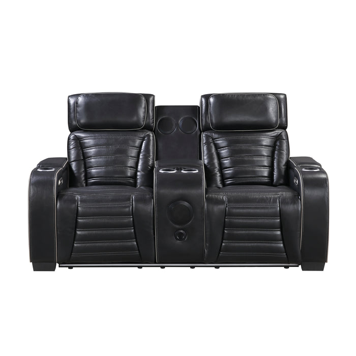 8344BLK-2PWHM POWER DOUBLE RECLINING LOVE SEAT WITH CENTER CONSOLE, POWER HEADRESTS, STORAGE ARMS(TOP AND SIDE) ,CUP HOLDERS, WIRELESS SPEAKERS WITH SUB-WOOFER, AIR MASSAGE, HEAT, LED LIGHTING AND CHARGING PORTS image