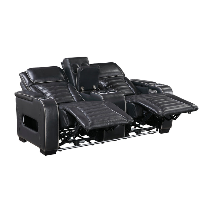 8344BLK-2PWHM POWER DOUBLE RECLINING LOVE SEAT WITH CENTER CONSOLE, POWER HEADRESTS, STORAGE ARMS(TOP AND SIDE) ,CUP HOLDERS, WIRELESS SPEAKERS WITH SUB-WOOFER, AIR MASSAGE, HEAT, LED LIGHTING AND CHARGING PORTS image