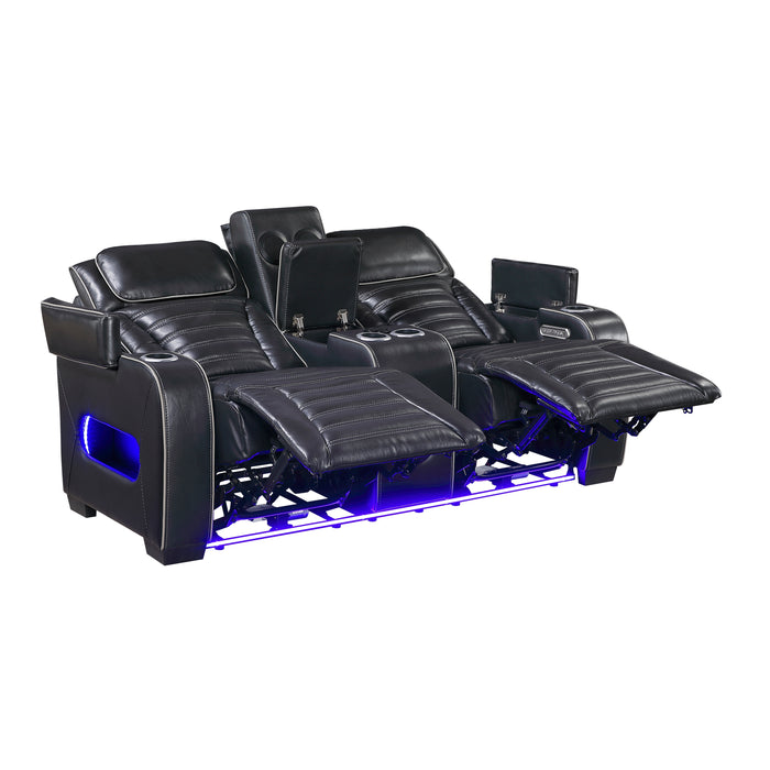 8344BLK-2PWHM POWER DOUBLE RECLINING LOVE SEAT WITH CENTER CONSOLE, POWER HEADRESTS, STORAGE ARMS(TOP AND SIDE) ,CUP HOLDERS, WIRELESS SPEAKERS WITH SUB-WOOFER, AIR MASSAGE, HEAT, LED LIGHTING AND CHARGING PORTS image
