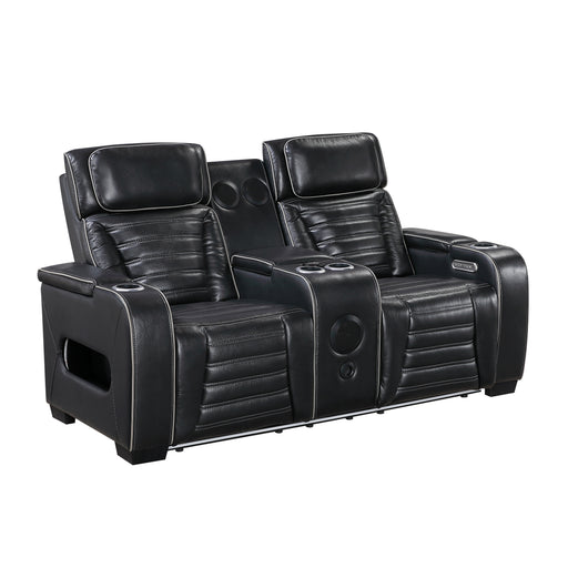 8344BLK-2PWHM POWER DOUBLE RECLINING LOVE SEAT WITH CENTER CONSOLE, POWER HEADRESTS, STORAGE ARMS(TOP AND SIDE) ,CUP HOLDERS, WIRELESS SPEAKERS WITH SUB-WOOFER, AIR MASSAGE, HEAT, LED LIGHTING AND CHARGING PORTS image