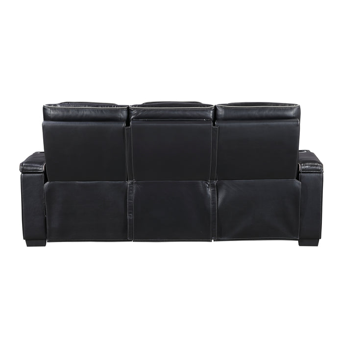 8344BLK-3PWHM Power Double Reclining Sofa with Center Drop-Down Cup Holders, Power Headrests, Storage Arms(Top and Side) ,Cup holders, Reading Lights, Wireless Charger, Air Massage, Heat, LED Lighting and Charging Ports image
