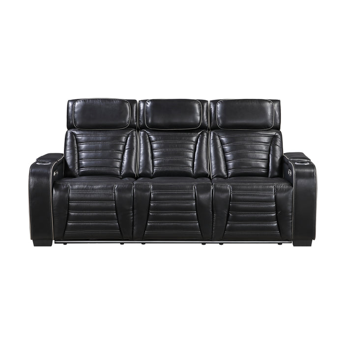 8344BLK-3PWHM Power Double Reclining Sofa with Center Drop-Down Cup Holders, Power Headrests, Storage Arms(Top and Side) ,Cup holders, Reading Lights, Wireless Charger, Air Massage, Heat, LED Lighting and Charging Ports image