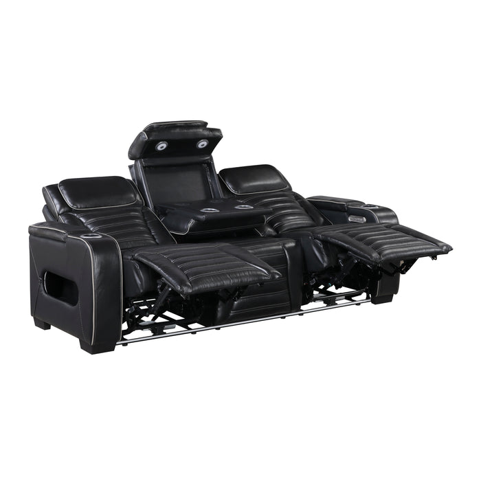 8344BLK-3PWHM Power Double Reclining Sofa with Center Drop-Down Cup Holders, Power Headrests, Storage Arms(Top and Side) ,Cup holders, Reading Lights, Wireless Charger, Air Massage, Heat, LED Lighting and Charging Ports image