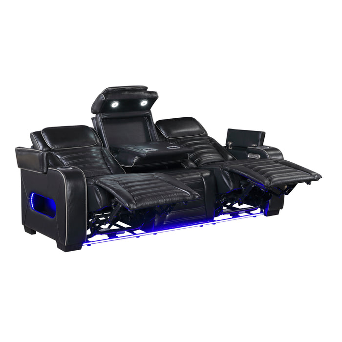8344BLK-3PWHM Power Double Reclining Sofa with Center Drop-Down Cup Holders, Power Headrests, Storage Arms(Top and Side) ,Cup holders, Reading Lights, Wireless Charger, Air Massage, Heat, LED Lighting and Charging Ports image