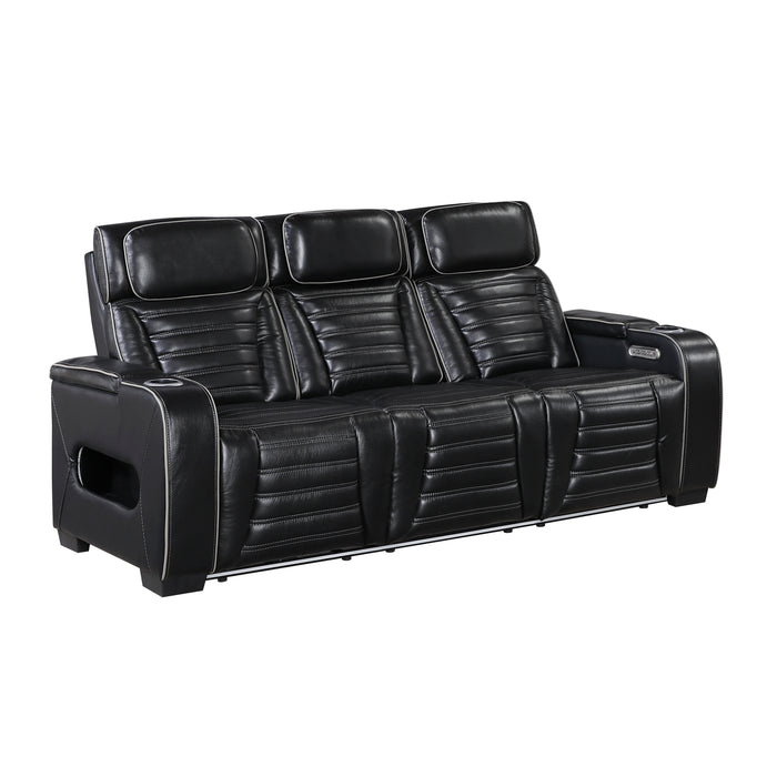 8344BLK-3PWHM Power Double Reclining Sofa with Center Drop-Down Cup Holders, Power Headrests, Storage Arms(Top and Side) ,Cup holders, Reading Lights, Wireless Charger, Air Massage, Heat, LED Lighting and Charging Ports image