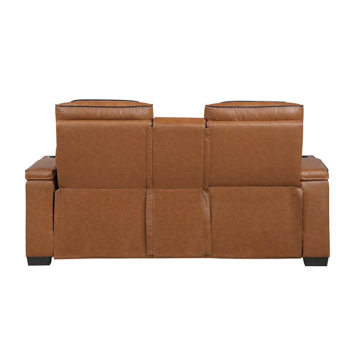 8344BRW-2PWHM POWER DOUBLE RECLINING LOVE SEAT WITH CENTER CONSOLE, POWER HEADRESTS, STORAGE ARMS(TOP AND SIDE) ,CUP HOLDERS, WIRELESS SPEAKERS WITH SUB-WOOFER, AIR MASSAGE, HEAT, LED LIGHTING AND CHARGING PORTS image
