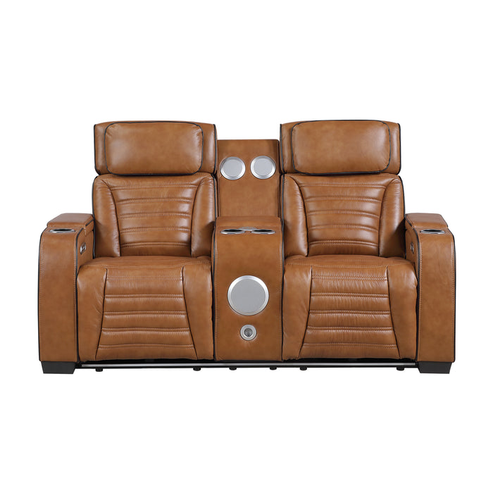 8344BRW-2PWHM POWER DOUBLE RECLINING LOVE SEAT WITH CENTER CONSOLE, POWER HEADRESTS, STORAGE ARMS(TOP AND SIDE) ,CUP HOLDERS, WIRELESS SPEAKERS WITH SUB-WOOFER, AIR MASSAGE, HEAT, LED LIGHTING AND CHARGING PORTS image