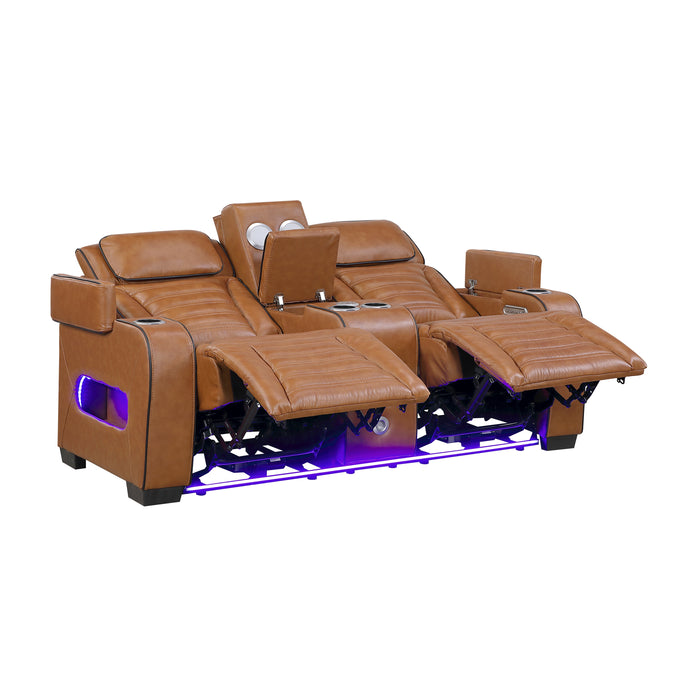 8344BRW-2PWHM POWER DOUBLE RECLINING LOVE SEAT WITH CENTER CONSOLE, POWER HEADRESTS, STORAGE ARMS(TOP AND SIDE) ,CUP HOLDERS, WIRELESS SPEAKERS WITH SUB-WOOFER, AIR MASSAGE, HEAT, LED LIGHTING AND CHARGING PORTS image