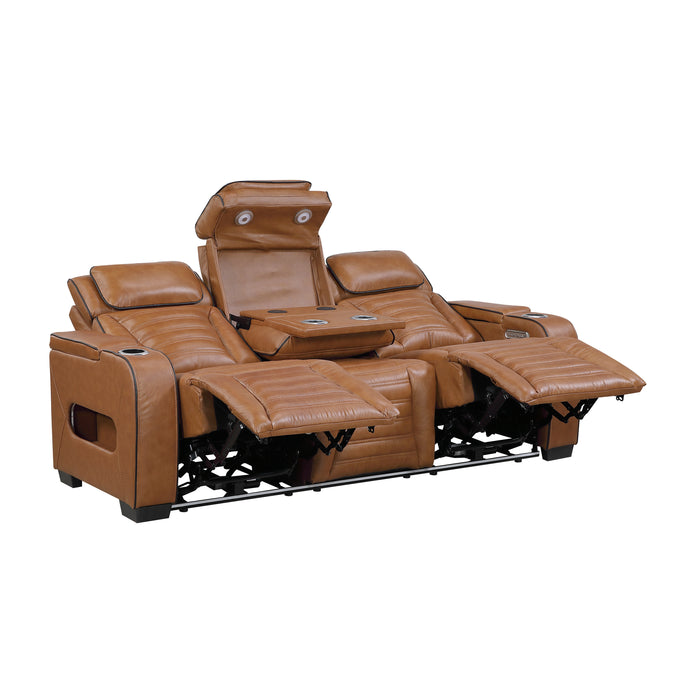 8344BRW-3PWHM Power Double Reclining Sofa with Center Drop-Down Cup Holders, Power Headrests, Storage Arms(Top and Side) ,Cup holders, Reading Lights, Wireless Charger, Air Massage, Heat, LED Lighting and Charging Ports image