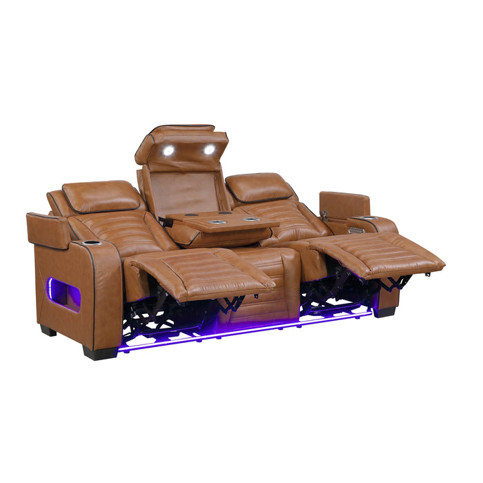 8344BRW-3PWHM Power Double Reclining Sofa with Center Drop-Down Cup Holders, Power Headrests, Storage Arms(Top and Side) ,Cup holders, Reading Lights, Wireless Charger, Air Massage, Heat, LED Lighting and Charging Ports image