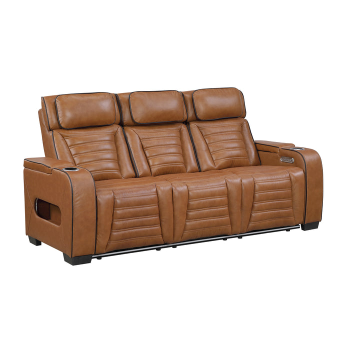 8344BRW-3PWHM Power Double Reclining Sofa with Center Drop-Down Cup Holders, Power Headrests, Storage Arms(Top and Side) ,Cup holders, Reading Lights, Wireless Charger, Air Massage, Heat, LED Lighting and Charging Ports image