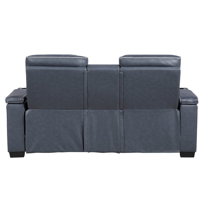 8344BUE-2PWHM POWER DOUBLE RECLINING LOVE SEAT WITH CENTER CONSOLE, POWER HEADRESTS, STORAGE ARMS(TOP AND SIDE) ,CUP HOLDERS, WIRELESS SPEAKERS WITH SUB-WOOFER, AIR MASSAGE, HEAT, LED LIGHTING AND CHARGING PORTS image